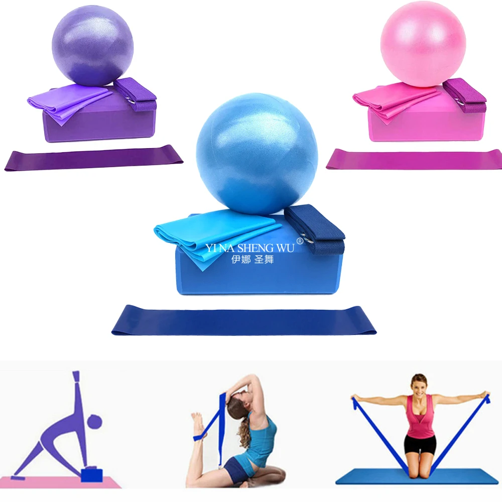 Pilates Yoga Block Exercises - ชุดเริ่มต้นโยคะ 5 ชิ้นชุดอุปกรณ์โยคะชุดบล็อกบอลยืดสายรัดความต้านทานวงออกกําลังกายพิลาทิสออกกําลังกายหน้าแรก