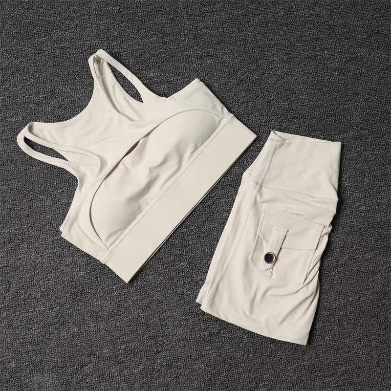 Pilates Yoga Leggings - กางเกงขาสั้นออกกําลังกายชุดโยคะชุดสตรีสูงเอวกีฬา Bra ออกกําลังกายขี่จักรยานกางเกงขาสั้นชุดกีฬาพร้อมกระเป๋า