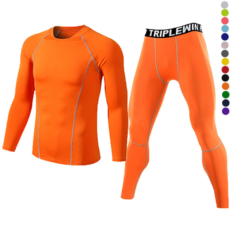 Pilates Yoga Leggings - ชุดวอร์มเสื้อแขนยาวผู้ชายสำหรับยิมฟิตเนสเสื้อยืด + เลกกิ้งชุดวิ่งกีฬาของผู้ชายชุดเล่นสกีบาสเก็ตบอลฟุตบอล A1109
