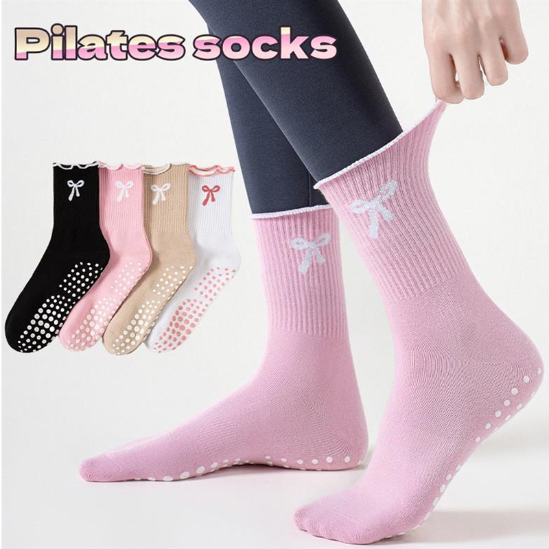 Yoga Pilates Yoga - ดรีมไลค์ลิน 1 คู่ ถุงเท้าพิลาทิสสำหรับผู้หญิงแบบยาวถึงกลางน่อง ถุงเท้าโยคะแบบมืออาชีพกันลื่น ลายโบว์