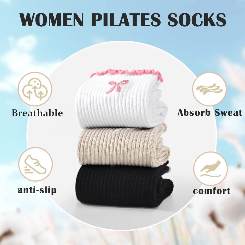 Yoga Pilates Yoga - ถุงเท้าโยคะมืออาชีพ สายรัดผ้าฝ้าย ซิลิโคนกันลื่น สำหรับพิลาทิส ฟิตเนส และการเต้นบนพื้น