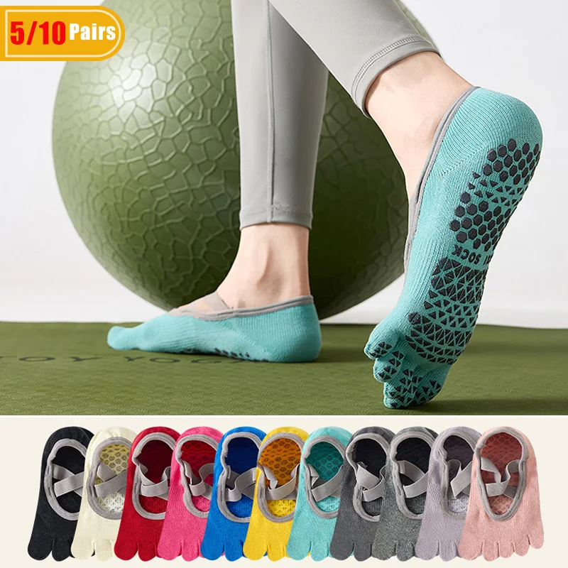 Yoga Pilates Yoga - ถุงเท้าโยคะผู้หญิงแบบห้านิ้ว 5/10 คู่ ผลิตจากผ้าฝ้าย ซับเหงื่อ นุ่มสบาย