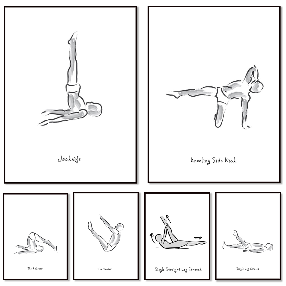 Pilates Yoga Combined - โปสเตอร์ภาพกราฟิกขาวดำเกี่ยวกับการออกกำลังกายพิลาทิส, โปสเตอร์โจเซฟ พิลาทิส, โปสเตอร์ภาพศิลปะบนผืนผ้าใบสำหรับโยคะ, โปสเตอร์ฟิตเนส, ของขวัญพิลาทิส