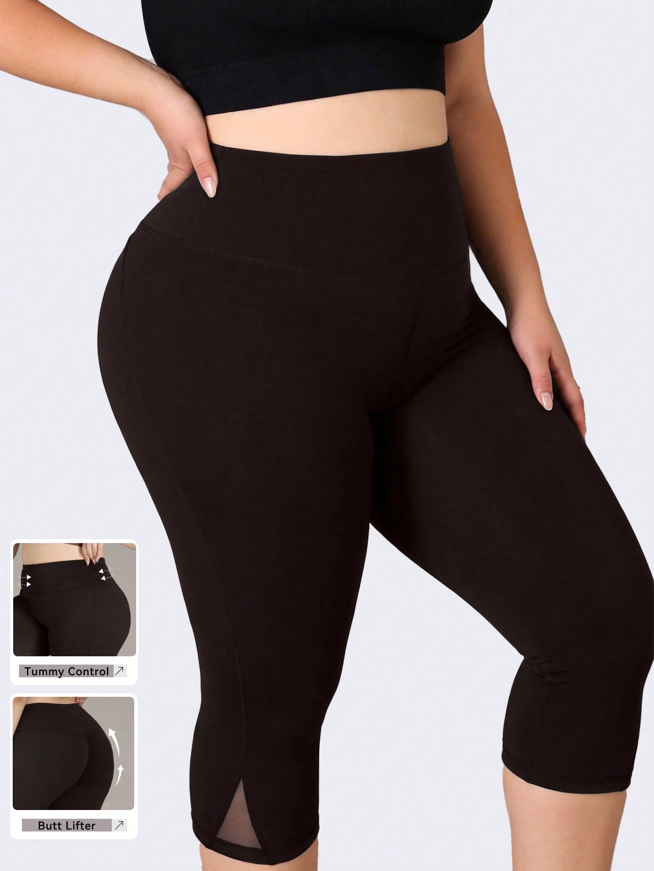 Pilates Yoga Leggings - เลกกิ้งออกกำลังกายไซส์ใหญ่สำหรับผู้หญิง กางเกงโยคะผ้าตาข่ายเอวสูง กางเกงออกกำลังกายขาสั้นแบบมีรอยผ่าด้านข้าง กางเกงวิ่งฟิตเนสแบบครอป
