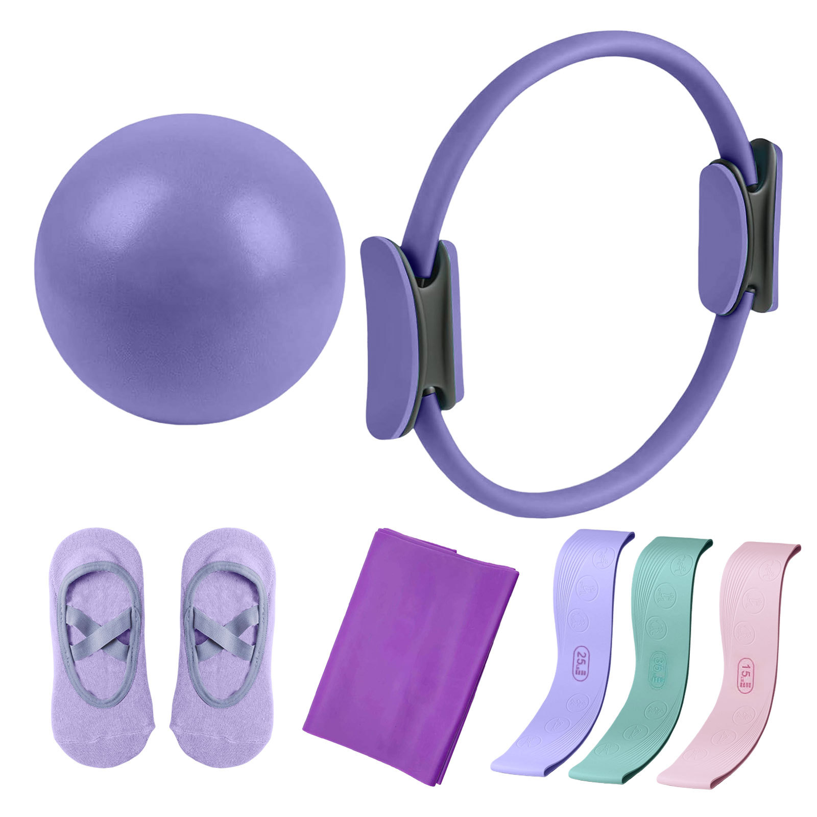Pilates Yoga Combined - ชุดวงแหวนพิลาทิสพร้อมสายรัดต้านทาน 7 ชิ้น อุปกรณ์ช่วยยืดกล้ามเนื้อ พร้อมถุงเท้าโยคะและลูกบอลทรงกระบอกสำหรับลดสัดส่วน